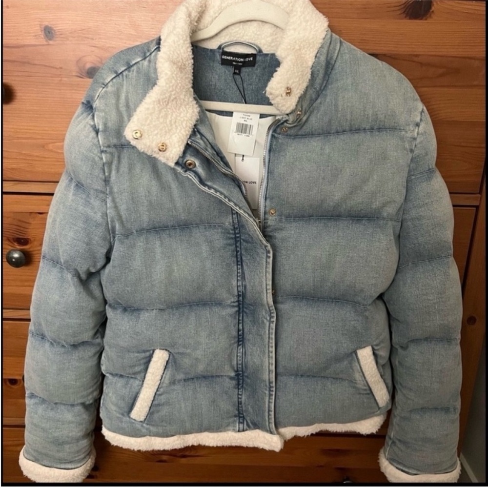 Generation Love Denim Blue Puffer Jacket with Cream Details